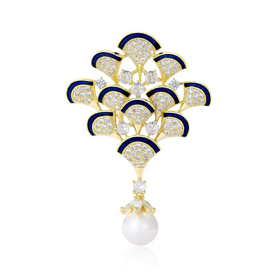 Front view of the blue peacock feather brooch and its color options