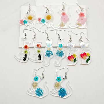 Clear Resin Cat Dried Flower Dangle Earrings 3 Styles