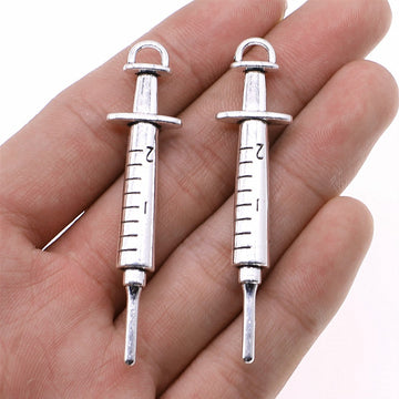 Extra Long Syringe Metal Charm in Two Antique Finishes
