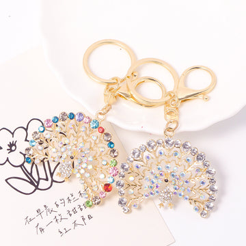 Rhinestone Peacock Keychain Gold Fan Tail Two Stone Colors