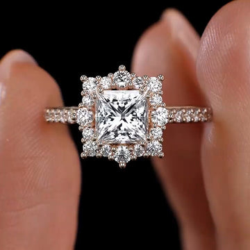 Rose Gold Tone Square Halo Crystal Ring Polished Statement Fashion Jewelry