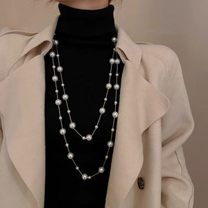 Long Imitation Pearl Sweater Necklace with White or Gray Beads