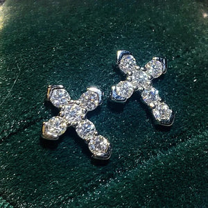 White Gold Cross Stud Earrings Clear Stone Set Metal