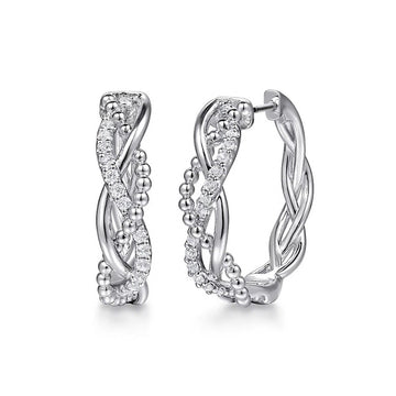 Silver Twisted Cross Pave Bead Mini Hoop Earrings Alloy