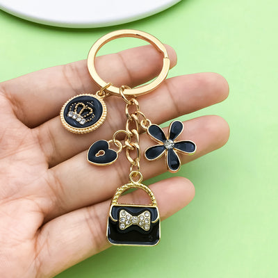 Image 1 showing a person holding a black and gold keychain.