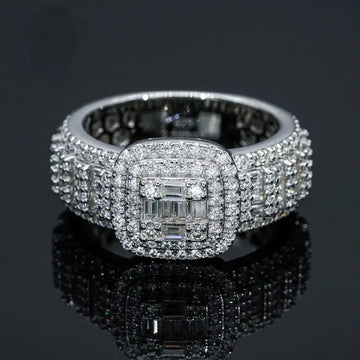 Silver Tone Square Cushion Halo Baguette Full Pave Band Ring