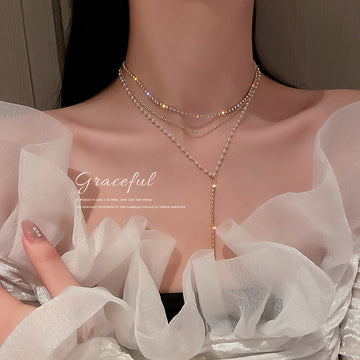 Gold Multi-Layer Pearl Rhinestone Y Lariat Necklace Single Style