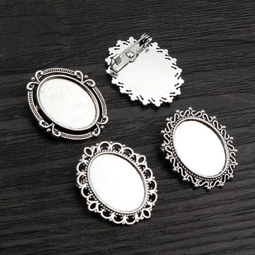 Three Ornate Silver Tone Oval Brooch Cabochon Setting Designs