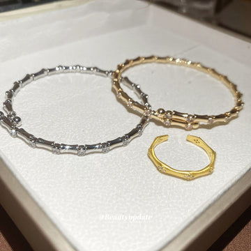 Bamboo Joint Open Bangle Bracelet Clear Stones 2 Colors