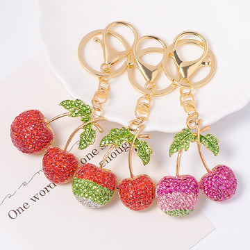 Double Cherry Rhinestone Keychain Green Leaves Three Colors