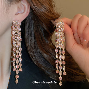 Pink Crystal Cluster Tapered Linear Long Drop Earrings