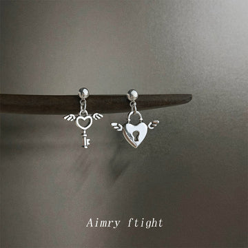 Silver-Tone Aged Winged Heart Lock Key Drop Stud Earrings