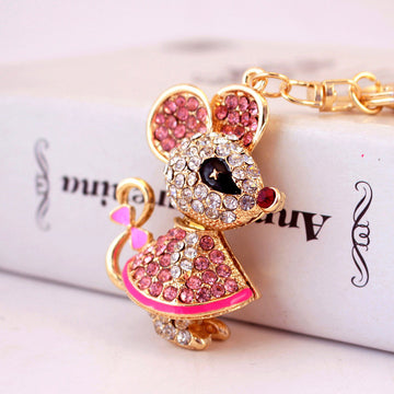 Rhinestone Mouse Keychain With Bow, Key Ring And Lobster Clasp