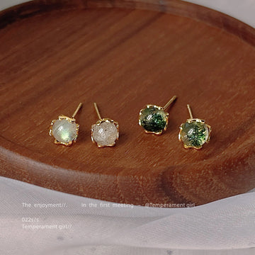 Gold Tone Round Faceted Stone Stud Earrings In Green And Ivory