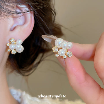 Gold Tone Floral Stud Earrings with Pearl Look Clusters