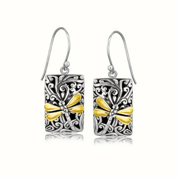 Dragonfly Relief Rectangle Drop Earrings in Two Tone