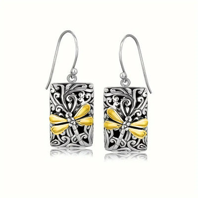 Product view showing rectangular silver-tone panels with black scrollwork and gold dragonflies