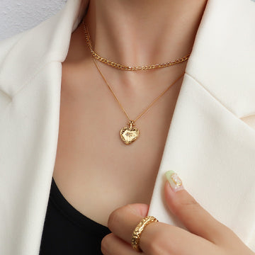 Gold Dual Layer Figaro Chain Heart Pendant Necklace