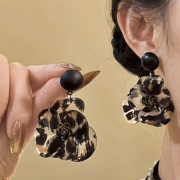 Black Leopard Floral Resin Drop Earrings with Polished Details