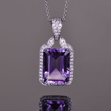Silver Tone Purple Rectangle Crystal Pendant Necklace
