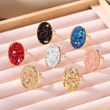 Gold Tone Oval Glitter Adjustable Rings in Seven Colors