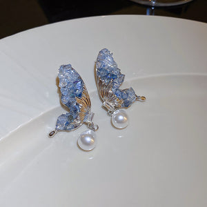 Butterfly Drop Earrings With Pearl Beads and Crystal Wings