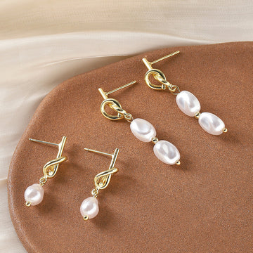 Gold Knot Baroque Pearl Drop Stud Earrings Two Styles