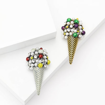 Front view of the pearl cluster ice cream cone brooch in silver and gold brooch and its color options