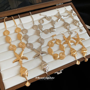 Metal Starfish Shell Necklace Bracelet Earrings Gold Silver