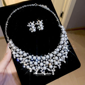 Silver Pearl Crystal Statement Bib Necklace Earrings Set