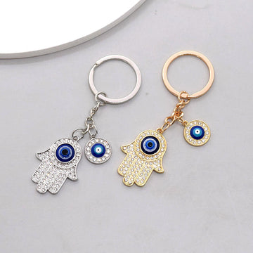 Gold and Silver Tone Crystal Hamsa Evil Eye Split Ring Keychains
