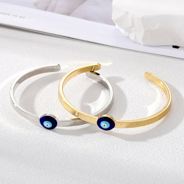 Slim Open Cuff Bracelet with Blue Evil Eye Ends