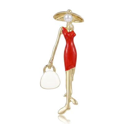 Front view of lady in hat enamel brooch with handbag decorative metal pin