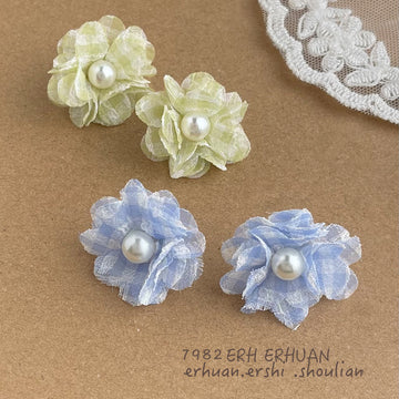 Blue Green Gingham Fabric Flower Pearl Center Studs