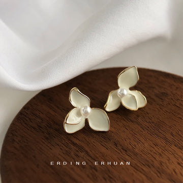 Cream White Enamel Three Petal Flower Pearl Stud Earrings