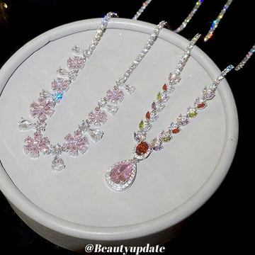 Silver Tone Pink Floral Crystal Necklace in Two Designs