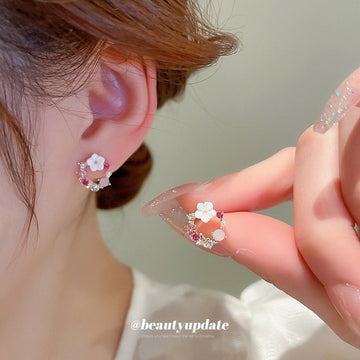 Gold Tone Pink Crystal Pearl Floral Wreath Stud Earrings