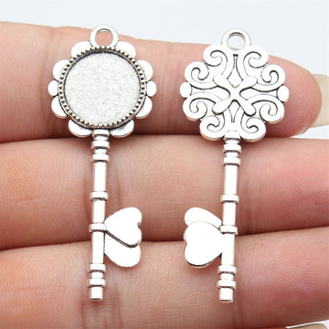 Ornate Key Shaped Round Cabochon Tray Metal Pendants