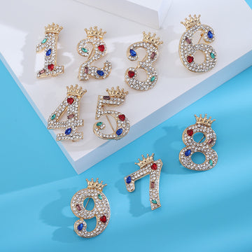 Crowned Rhinestone Number Brooch in Nine Numerals Decorative Lapel Pin
