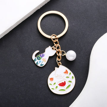White Cat Flower and Pearl Enamel Charm Keychain with Round Ring