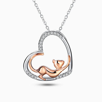 Two Tone Silver Rose Gold Heart Cat Pendant Necklace