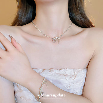 Silver Tone Pearl Like Pink Heart And Bow Bracelet Or Necklace