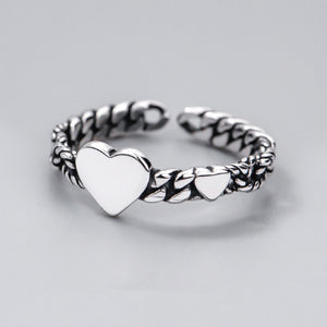Antique Silver Open Adjustable Heart Chain Band Ring