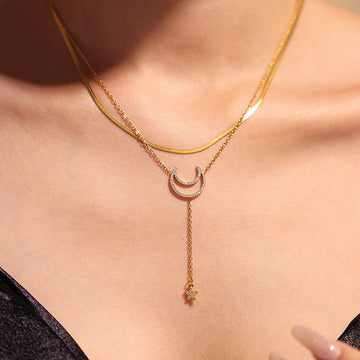 Crescent Moon Star Zircon Y Drop Necklaces Bracelets Gold Steel
