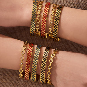 Checkerboard and Crystal Diamond Hinged Bangles in Gold Tone