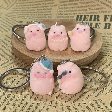 Pink Flocked Pig Figure Keychains With Rings 5 Styles