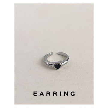 Silver Open Adjustable Ring with Black Heart Stone