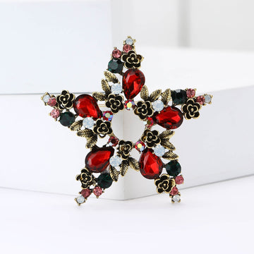 Red And Green Crystal Five-Point Star Brooch Decorative Lapel Pin