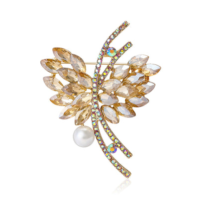 Champagne Crystal Leaf Spray brooch front view on a white background