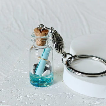 Blue Glass Message Bottle and Shell Split-Ring Keychain